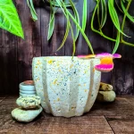 Maceta Zucca Blanca de concreto con forma de calabaza y 12 puntas, acabado jaspeado, en ambiente interior moderno con planta.