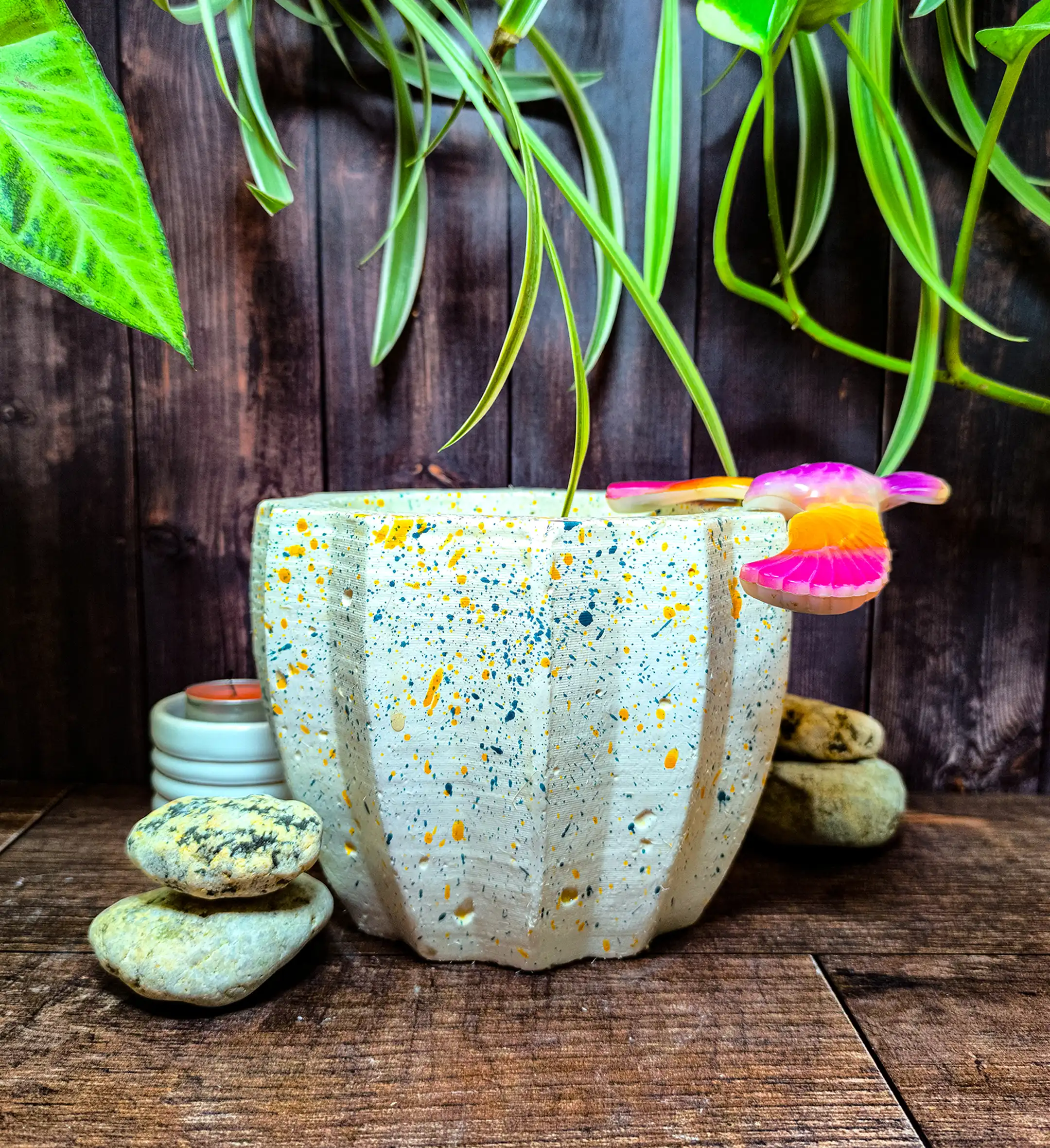 Maceta Zucca Blanca de concreto con forma de calabaza y 12 puntas, acabado jaspeado, en ambiente interior moderno con planta.
