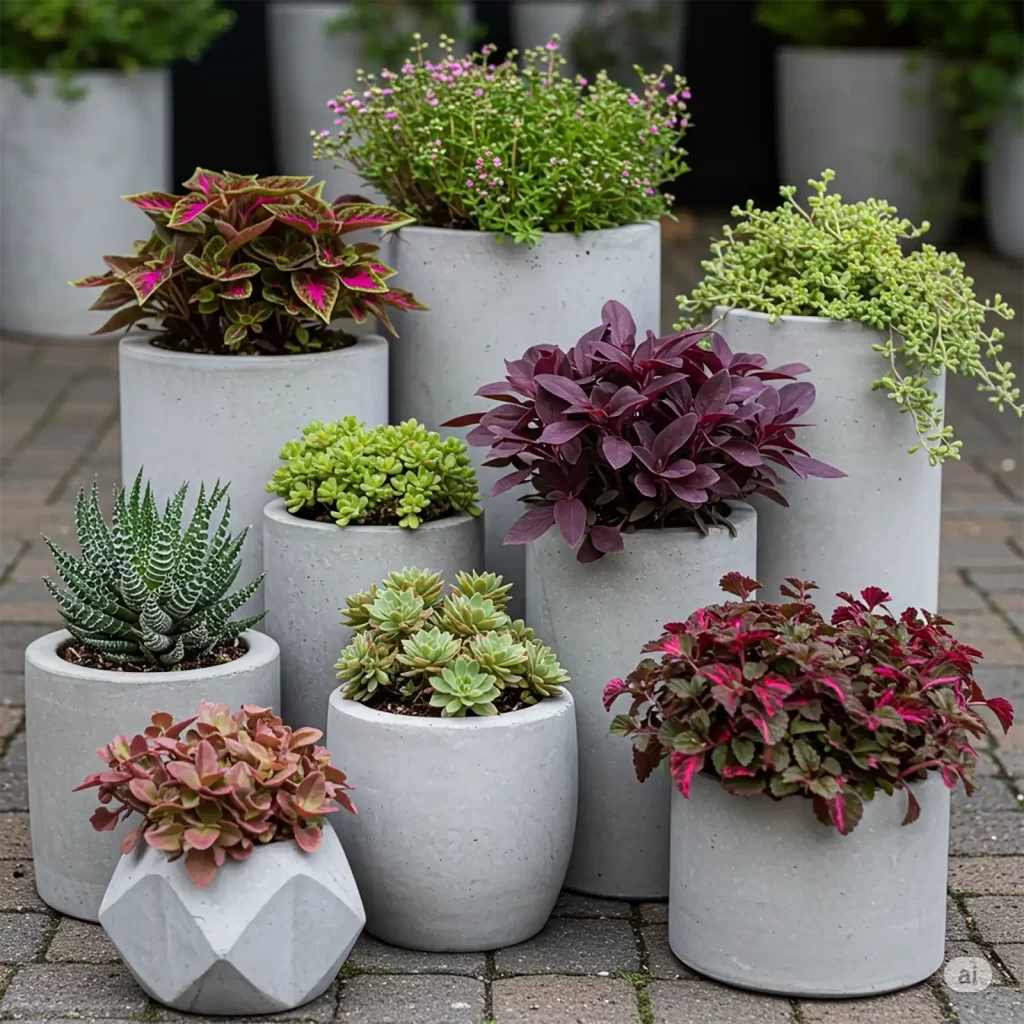 Variedad de plantas en macetas de concreto Dekora HM